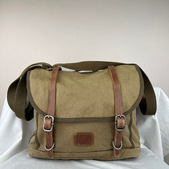 TSD BRAND Forest Canvas Messenger Bag Khaki with leather straps - Picture 1 of 8
